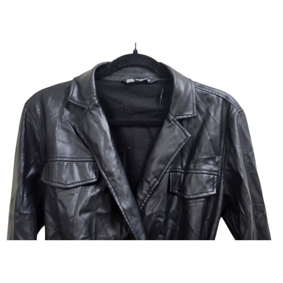 ZARA Faux Leather Wrap Mini Dress Black Long Sleeve Belted Shirt Style Dress S - Picture 6 of 12